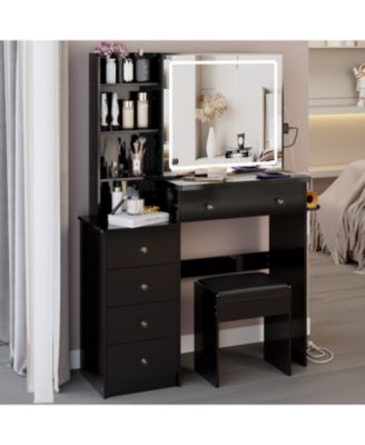 Vanity Table Set with Sliding Mirror, 2 AC+2 USB, Hair Dryer Stand