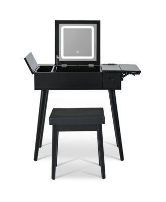 28" Black Vanity Desk with Flip-Top Mirror, LED Light, Charging Station, Drawers, and Stool