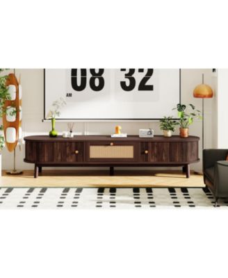 Modern TV Stand for 75" TVs with Rattan Drawer & Cabinets