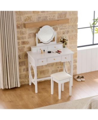 Compact Vanity Table with Reversible Mirror & Stool