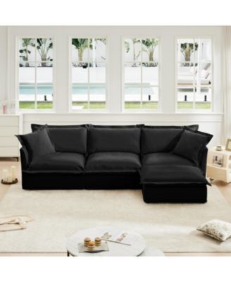 L-Shaped Chenille Sectional Sofa with Ottoman - Black
