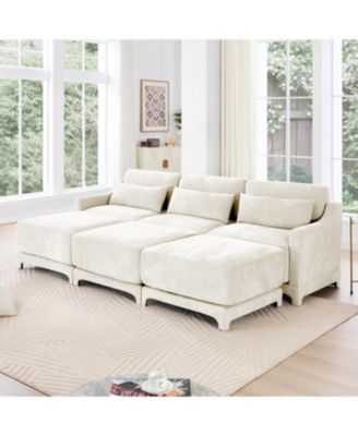 Beige Chenille 3-Seater Sofa with Ottomans