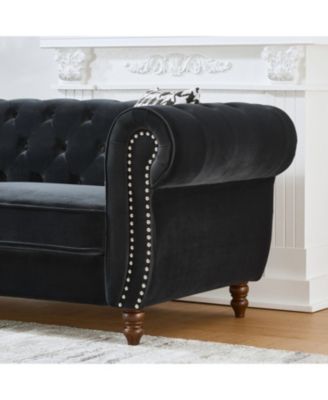 87" Chesterfield Velvet Sofa, Roll Arm, Nailhead Trim, 3 Seater