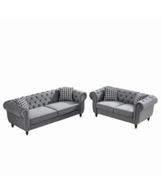 Streamdale Chesterfield Velvet Sofa Set, Roll Arm, Nailhead Trim, Gray