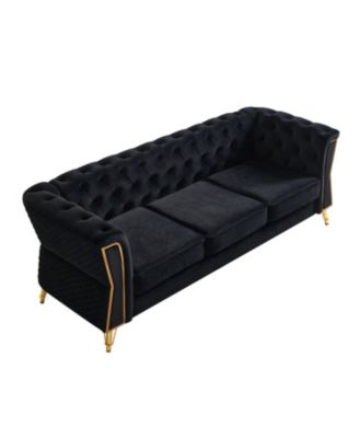Modern Tufted Velvet Sofa 87.4 inch for Living Room Black Color