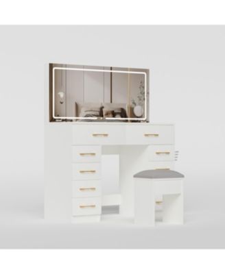 46" Glass Top Vanity Desk with Mirror, Stool, Power Outlet