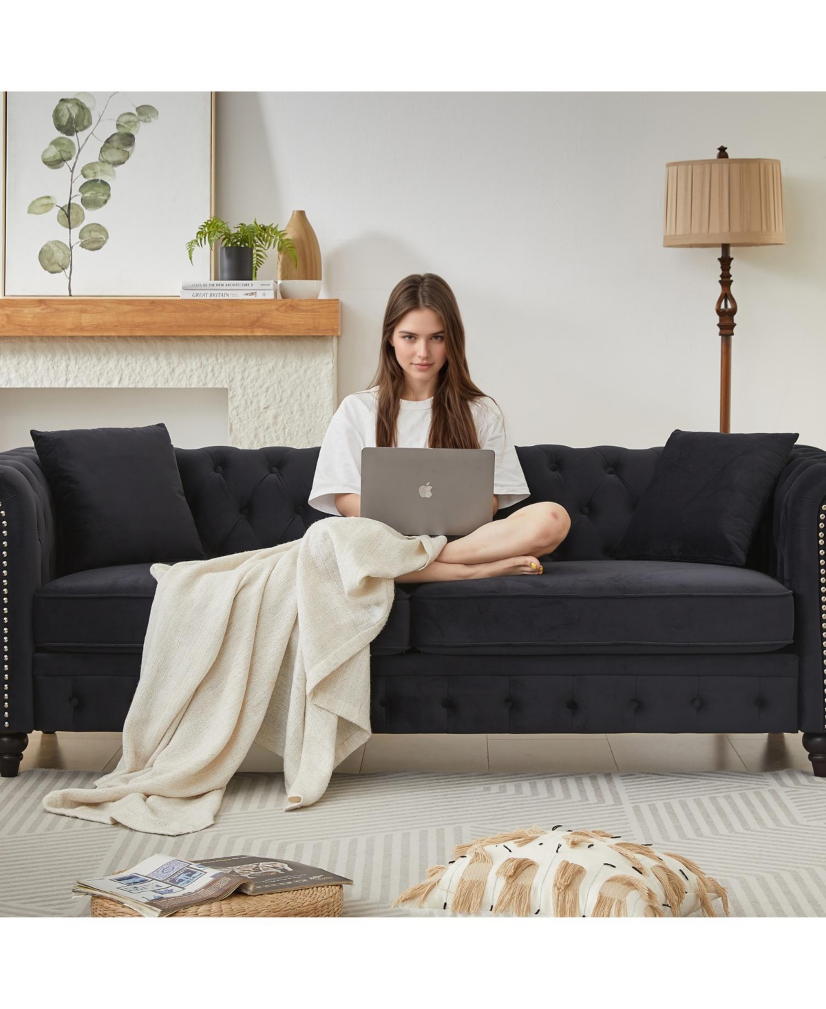 Streamdale Furniture Velvet Chesterfield Sofa 85.5" Rolled Arms 3 Seater Button Design + 2 Cushions