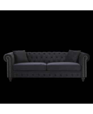  Velvet Chesterfield Sofa 85.5" Rolled Arms 3 Seater Button Design + 2 Cushions