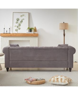 Velvet Chesterfield Sofa 85.5" Rolled Arms 3 Seater Button Design + 2 Cushions