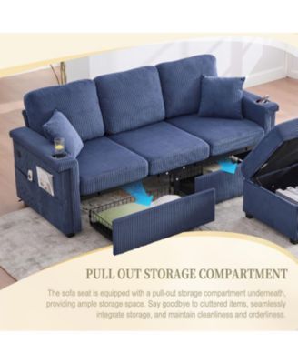 L-Shaped Sectional Sofa w/ Storage Ottoman, USB, Cup Holder, Corduroy