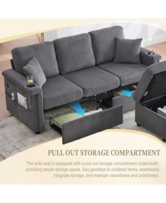 L-Shaped Sectional Sofa w/ Storage Ottoman, USB, Cup Holder, Corduroy