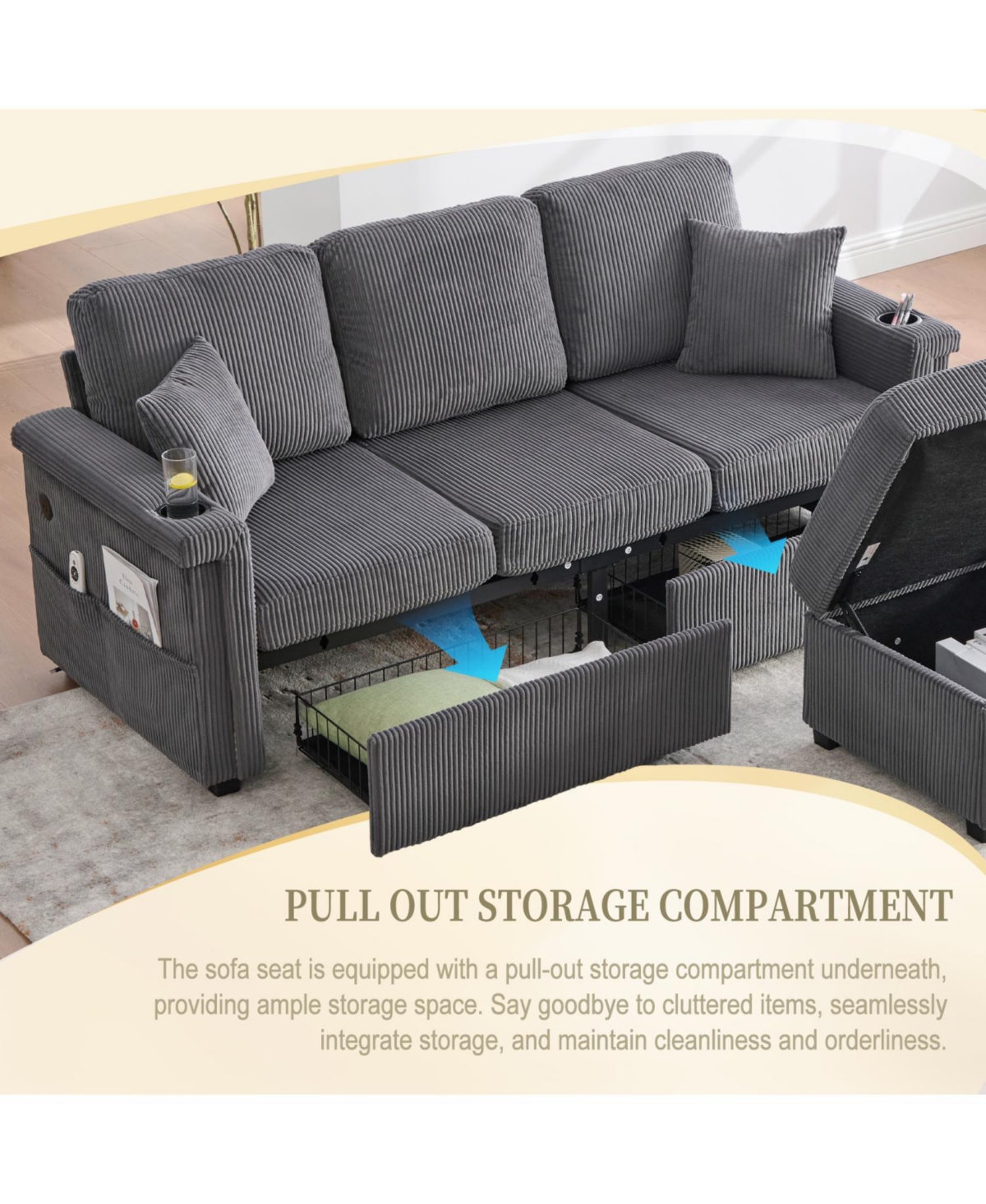 Streamdale Furniture L-Shaped Sectional Sofa w/ Storage Ottoman, Usb, Cup Holder