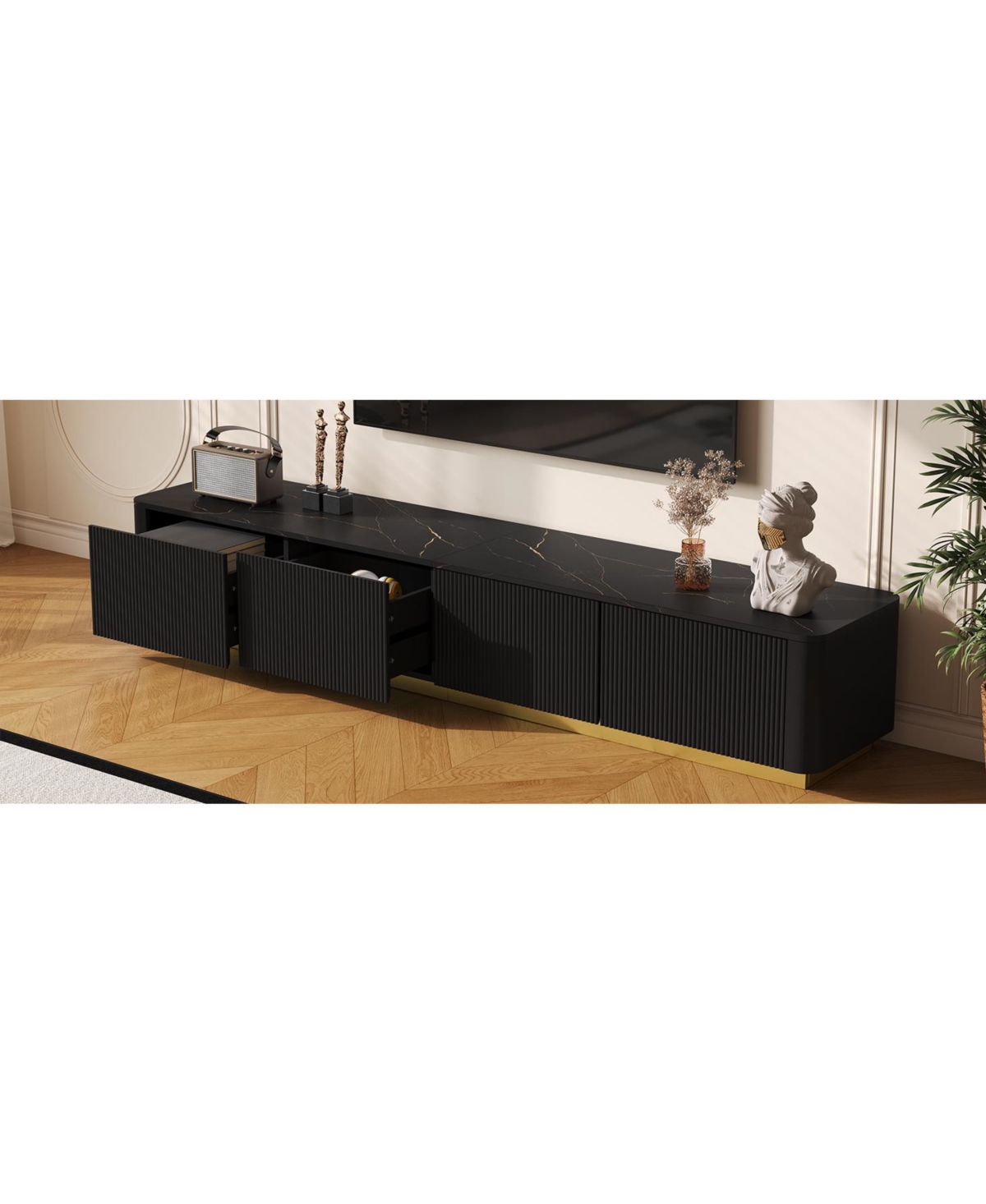 Streamdale Furniture Streamdale Luxury Fluted Tv Stand - 85", Faux Marble, 4 Drawers, Gold Base
