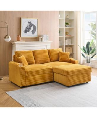  80" Corduroy Sofa with Reclining, Footstool, Cup Holders