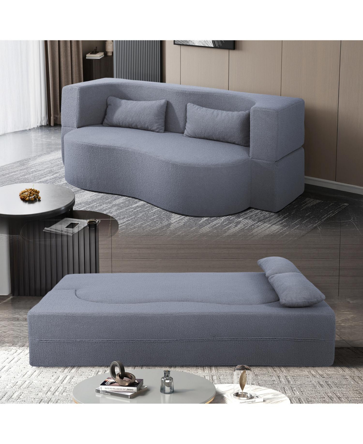 Streamdale Furniture 2-in-1 Full Sofa Bed- Teddy Fabric, No Assembly, Pillows, Grey