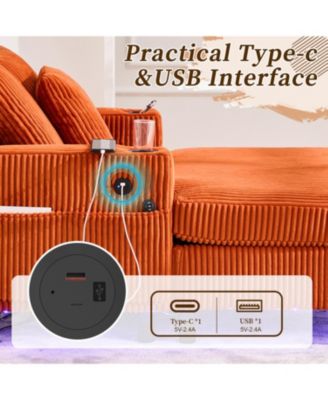 Corduroy Oversized Recliner Sofa w/ USB, LED, Cup Holder