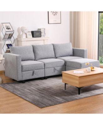 Small Sectional Sofa Couch with Convertible Chaise Ottoman - Light Grey