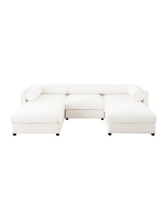 White Chenille Sofa with Storage Ottoman