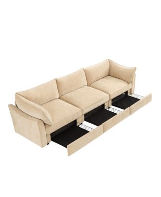 Chenille 3-Seater Sofa w/ Drawers, Crescent Arms