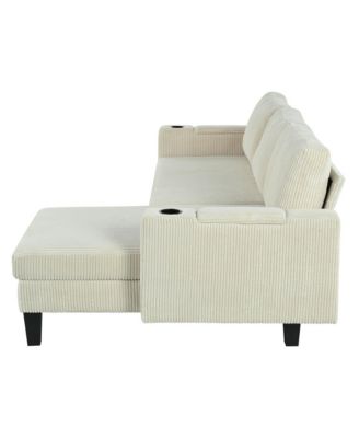 Reversible Corduroy Sectional Sofa with Storage Chaise & USB