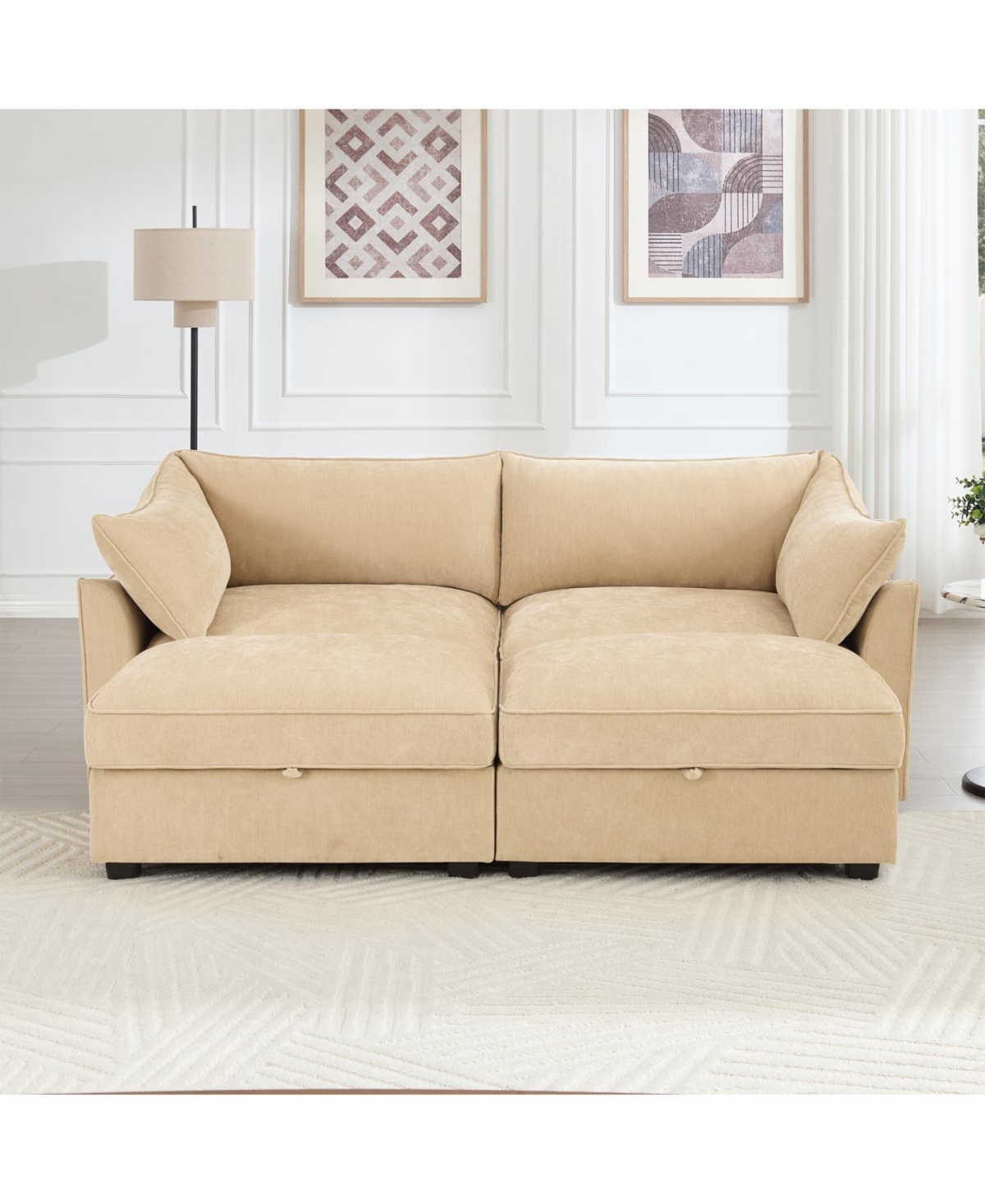 Streamdale Furniture Chenille 2-Seater Sofa with Storage & Footstools - Wheat