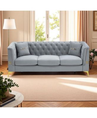 Tufted Velvet Sofa, 82" 3-Seater Couch, Gold Legs