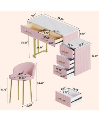 Velvet Vanity Desk Set, Marble Top, Adjustable Storage, Pink