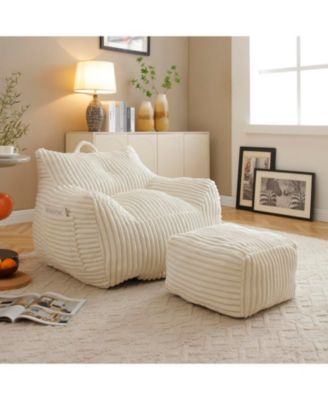  Giant Beige Plush Bean Bag Chair with Footstool