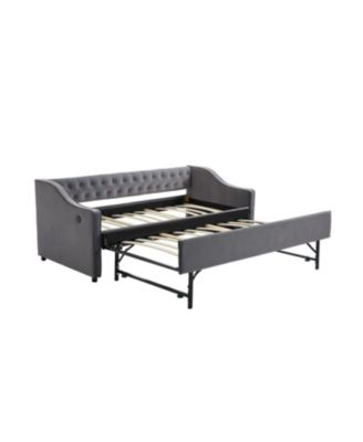 Twin Upholstered Daybed with Trundle, USB, Pockets, Velvet, Button Tufted