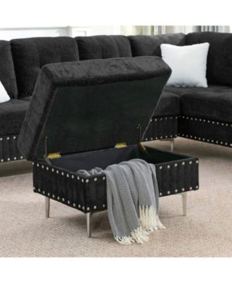 Sectional Sofa with Reversible Chaise, Storage Ottoman, Metal Legs, Pillows, Black