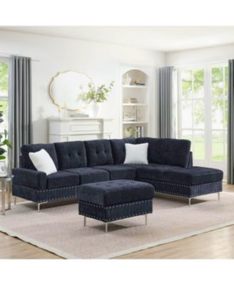 Navy Sectional Sofa with Reversible Chaise, Ottoman & Pillows