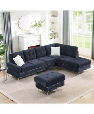 Navy Sectional Sofa with Reversible Chaise, Ottoman & Pillows