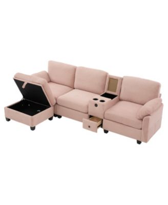 L-Shape Corduroy Sofa- 4-Seater, USB, Storage, Console & Ottoman