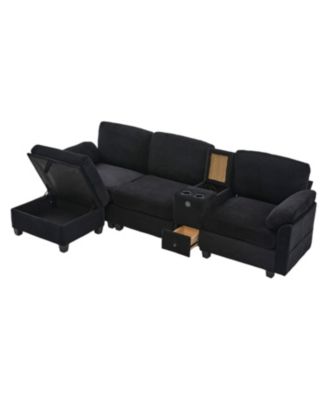 L-Shape Corduroy Sofa- 4-Seater, USB, Storage, Console & Ottoman