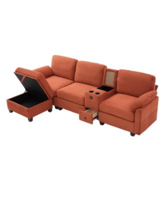 L-Shape Corduroy Sofa- 4-Seater, USB, Storage, Console & Ottoman