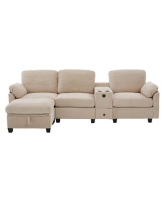  L-Shape Corduroy Sofa- 4-Seater, USB, Storage, Console & Ottoman