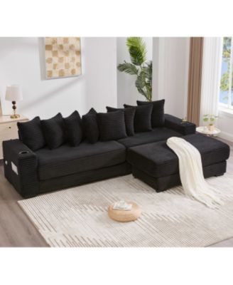 Corduroy L-Shaped Sectional Sofa Bed with Ottoman, Pillows & Cup Holders - Black
