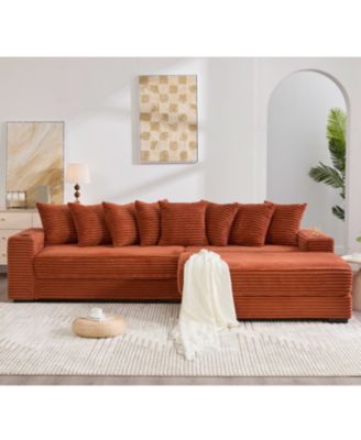 Corduroy L-Shaped Sectional Sofa Bed w/ Footstool, Pillows & Cup Holders