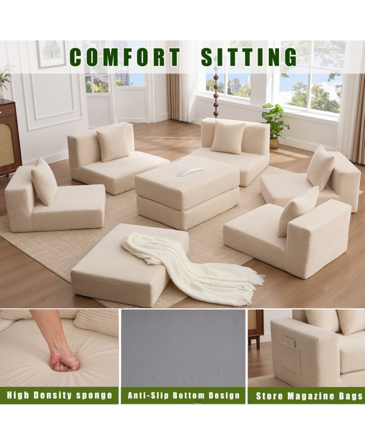 Streamdale Furniture Convertible Corduroy Sectional Sofa with Pillows