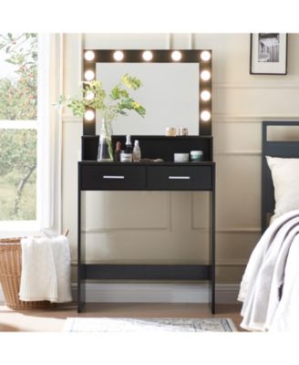 Vanity Desk with Lighted Mirror, Large Drawer & Storage - Black