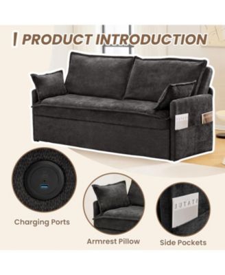 59.5" Chenille Sleeper Sofa Bed w/ Storage & USB Charging