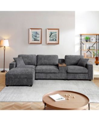  Oversized L-Shaped Sectional Sofa with Drop Down Table & Storage Ottoman