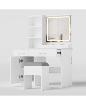 Vanity Desk with Lighted Mirror, Power Outlet & Storage