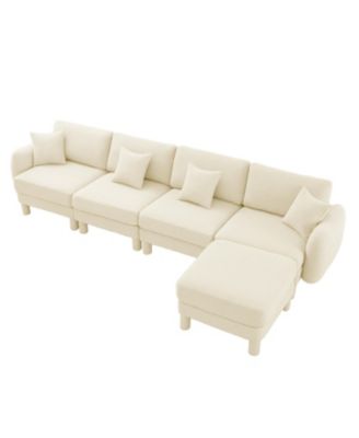  Beige Boucle Convertible Sectional Sofa with Ottoman