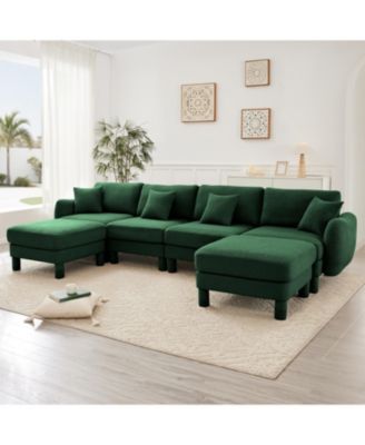 Boucle U-Shape Sectional Sofa with Ottomans, Shell Armrests, Green