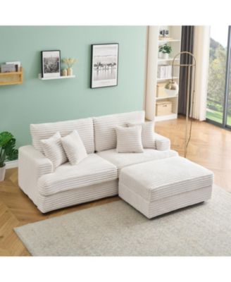 White Corduroy Sofa w/ Storage Leg & Pillows