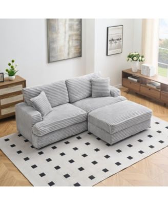 Grey Corduroy Sofa w/ Storage Leg & 4 Pillows