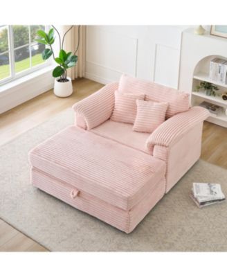 Corduroy Armchair + Storage Stool Set w/ USB - Pink