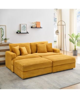  Orange Corduroy Sofa w/ Storage Legs & 4 Pillows