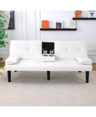 67" White PVC Sofa Bed - Foldable with Cup Holder